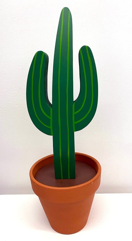 Jeff Canham wooden sculpture of cactus in terra cotta pot