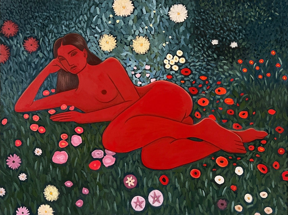 Melody Tuttle painting of red nude woman laying in flower field