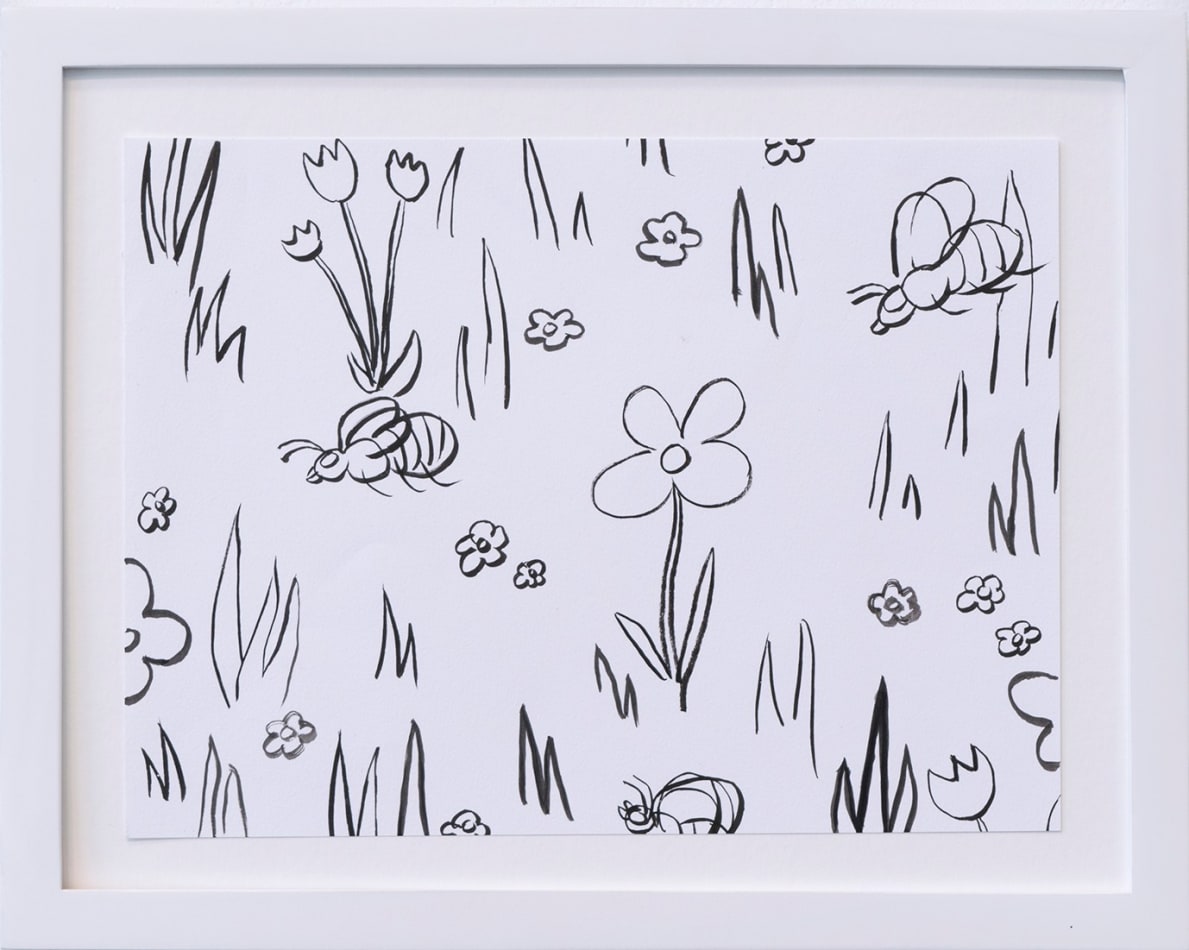 Corey K. Lamb - black and white ink drawing of simplified bees and grass