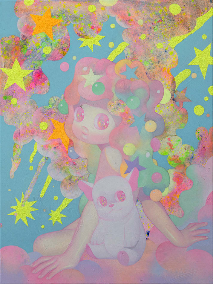 So Youn Lee painting of childlike figure and white bulldog in pastel tones
