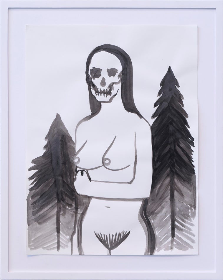 Corey K. Lamb - black and white ink drawing of nude woman with skull for a face in front of trees