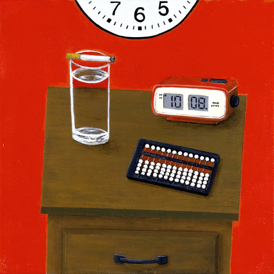Gabe Langholtz of clock, abacus and glass of water with cigarette on tabletop with red backround