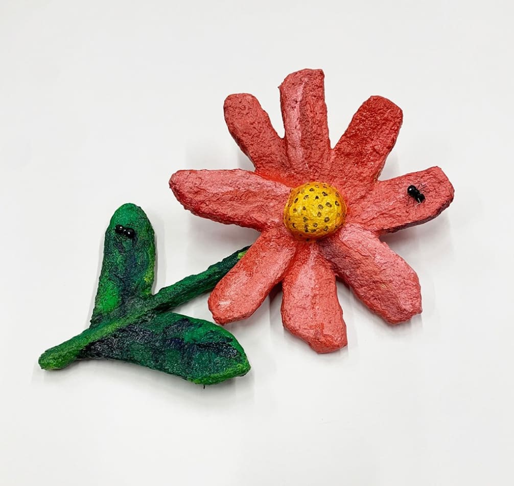 Nic Dyer mixed media sculpture of pink flower with ant
