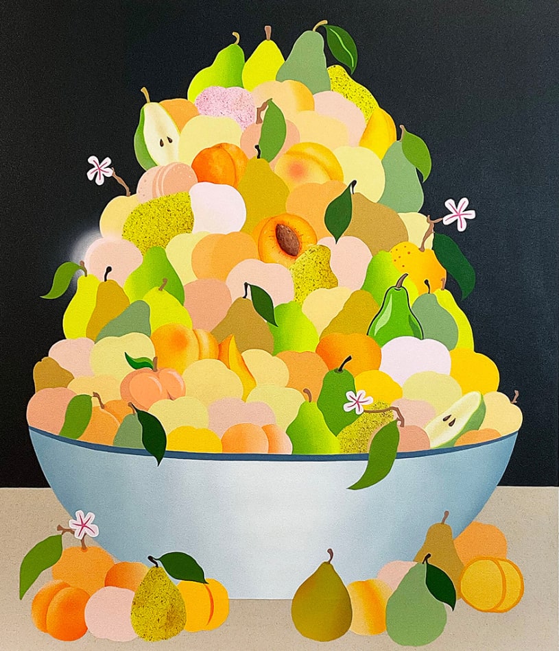 Painting of a white bowl filled high with peaches and pears on a khaki surface and a black background by Stephen D'Onofrio.
