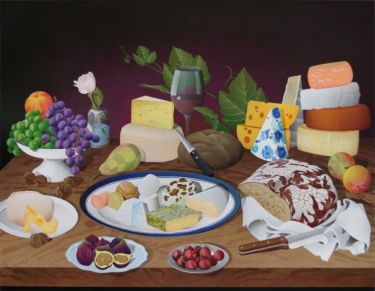 Casey Gray - Spray Painting of a table of cheeses, fruits, and leaves of plants in front of black background.