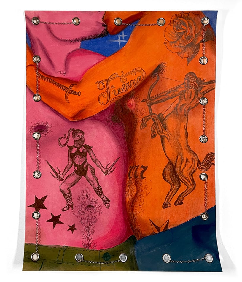 Painting of two people (one pink, one orange) kissing with their shirts off, revealing several tattoos on a blue background with a border of chains.