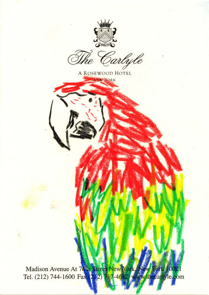 drawing by Michael McGregor of a parrot on The Carlyle hotel stationary