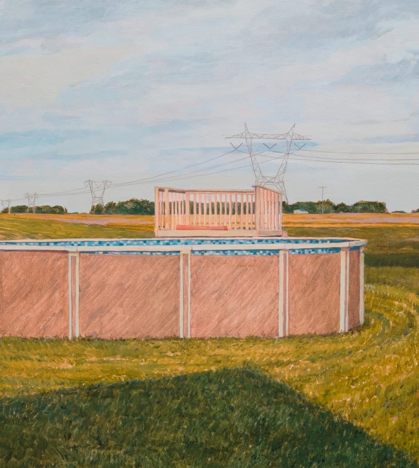 Painting of a pink above ground pool with blue mosaic tiles on green grass with power lines in the distance