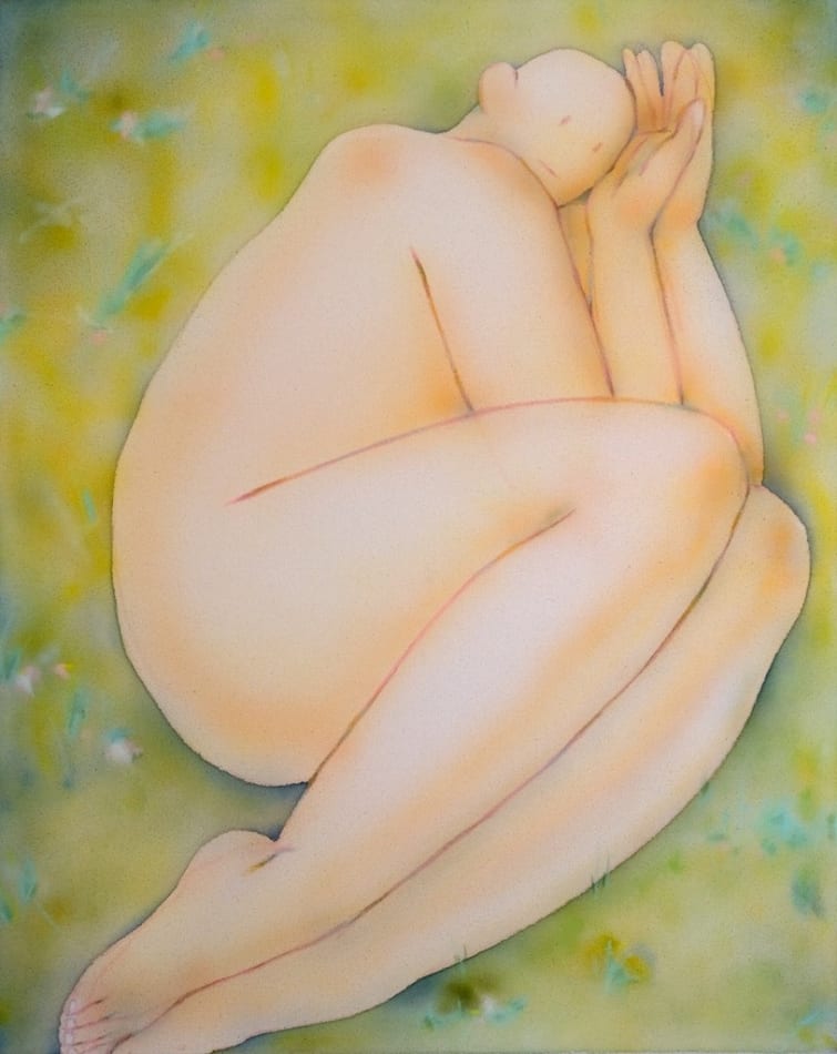 Painting by Anjelica Colliard depicting a person curled up on their side laying a meadow