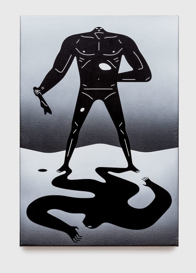Graphic painting of a shirtless man holding something in his hand and his shadow on the ground below him in a different standing position in black and white