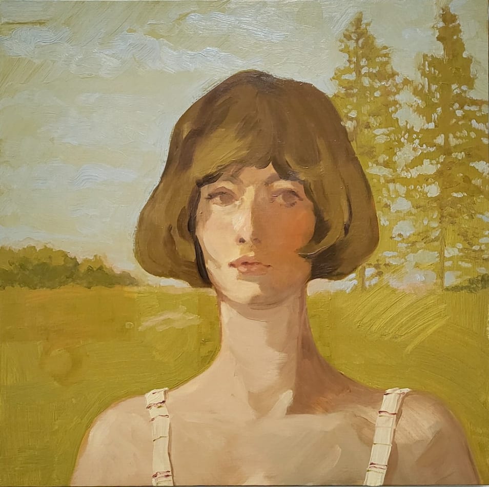 Rachel Gregor painting of young woman with short bob haircut in tanktop, landscape and trees in background