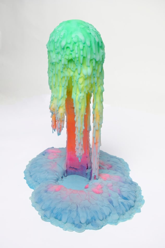Dan Lam slime sculpture with gradient of green, red, and blue