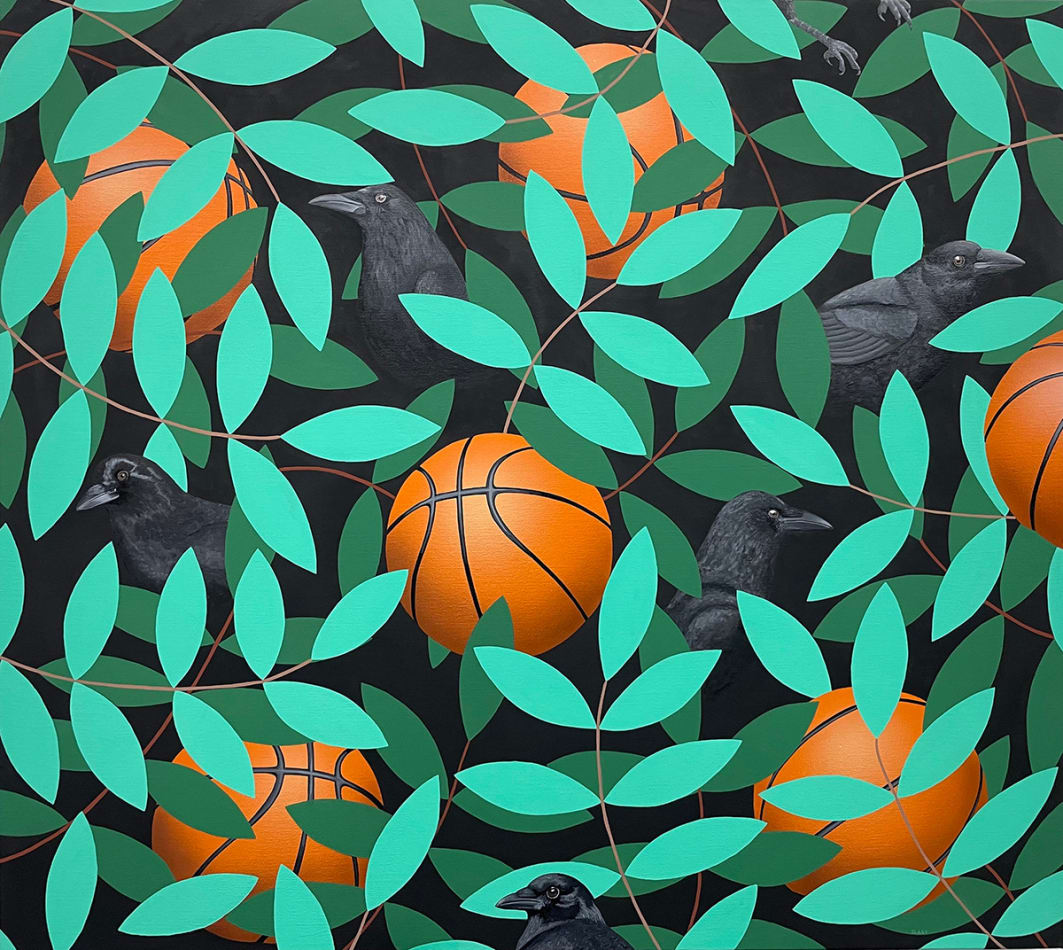 John Slaby painting of crows and basketballs among green leaves