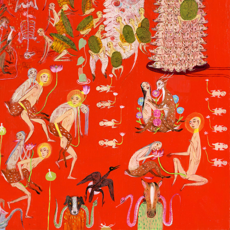 Detail shot of a painting by Mu Pan of creatures, animals and human hybrids eating, sleeping, killing, flying and climbing