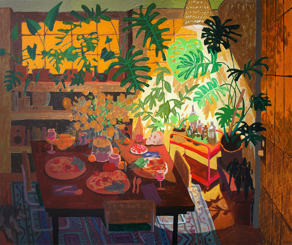 painting of a warm interior filled with lush plants, a wooden table with plates of pasta, and a flower vase by Nicholas Bono Kennedy