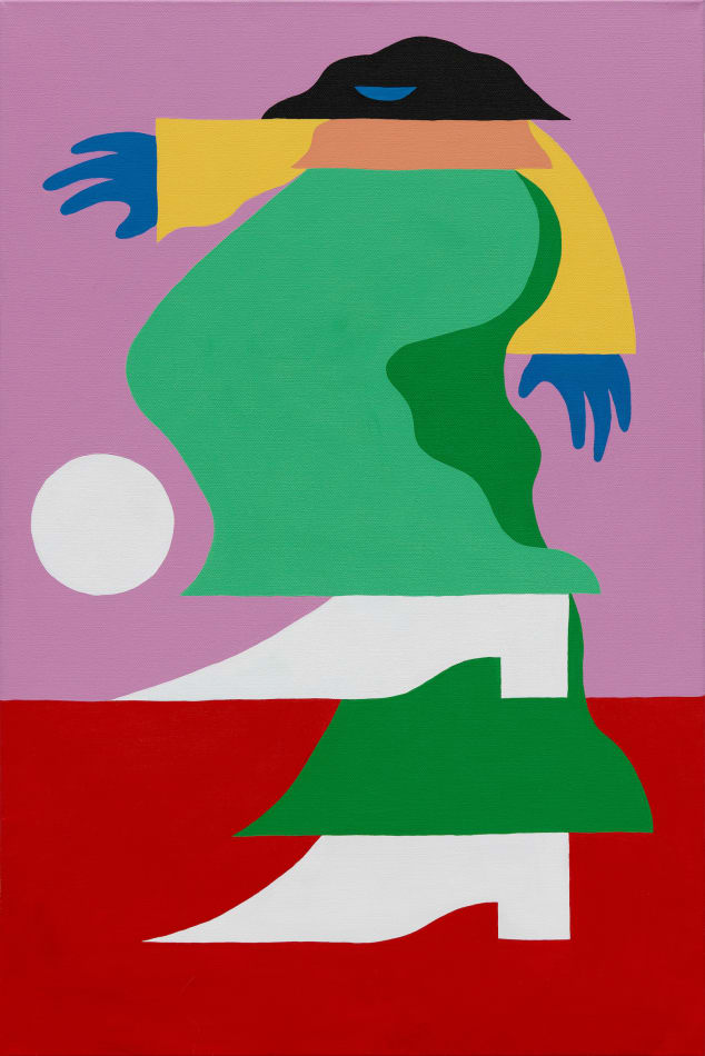 Marbie's painting of the moon and a figure wearing white boots in various colors