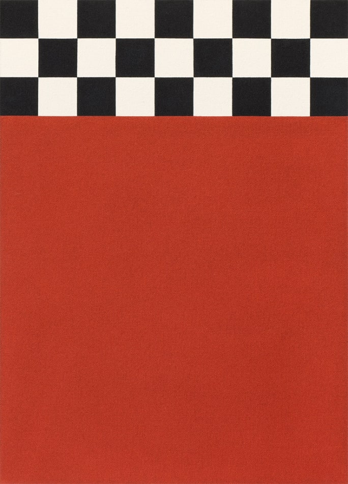 painting by Thomas Danthony depicting a red block and checkered board pattern