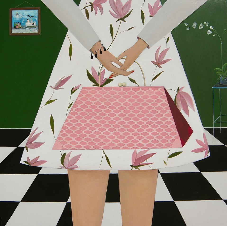 Angela Burson painting of floral skirted figure holding pink purse