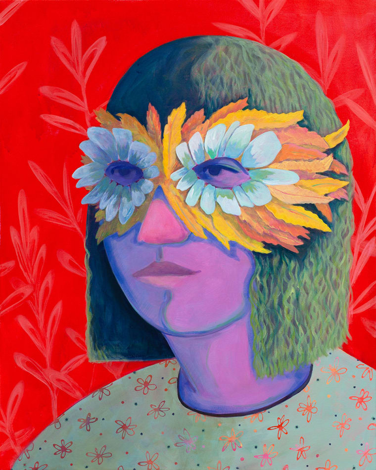 Genevieve Cohn painting of purple woman on red background, wearing feather eye mask