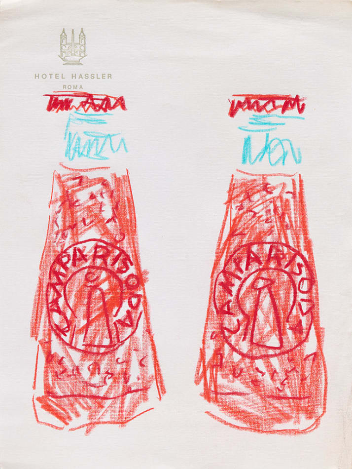 Drawing of two bottles of campari sodas on hotel stationery