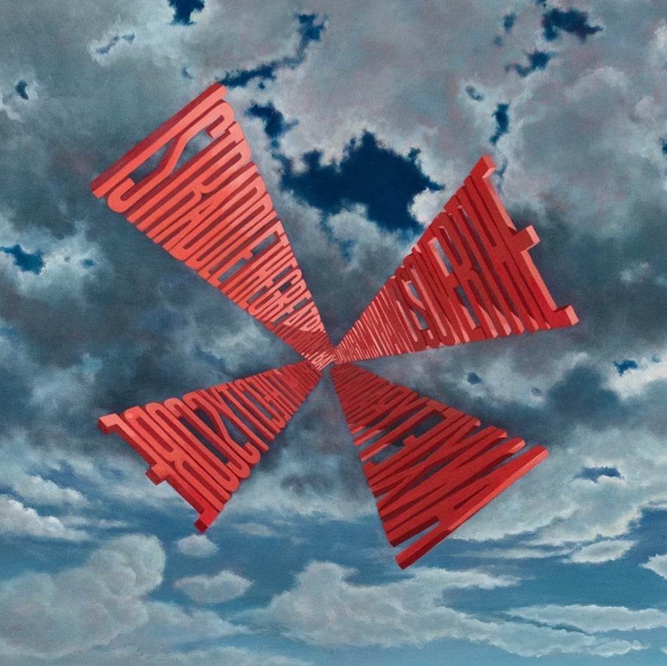 Painting of clouds with the words I STRADDLE THE GREAT BRINY BAY AND WARM MY HANDS OVER THE ANXIETY RADIATING FROM THE CITY’S CORE in a cross shape in bright pink