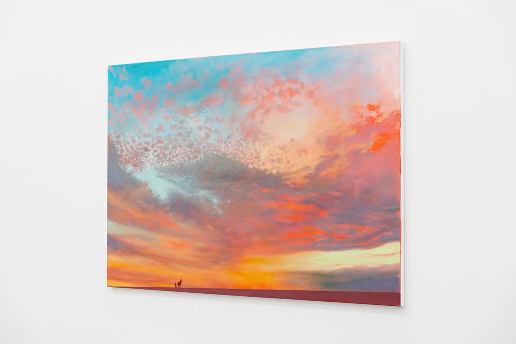 Landscape painting of a sunset with a figure being pulled with a plow by a donkey