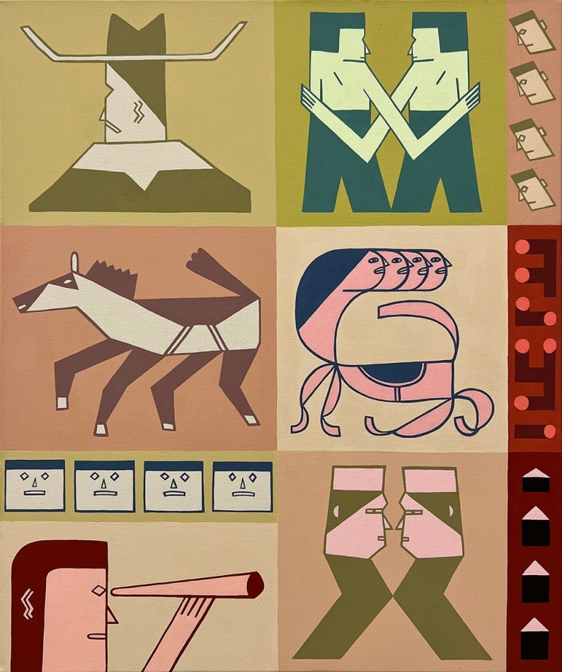 painting of boxy people and horses