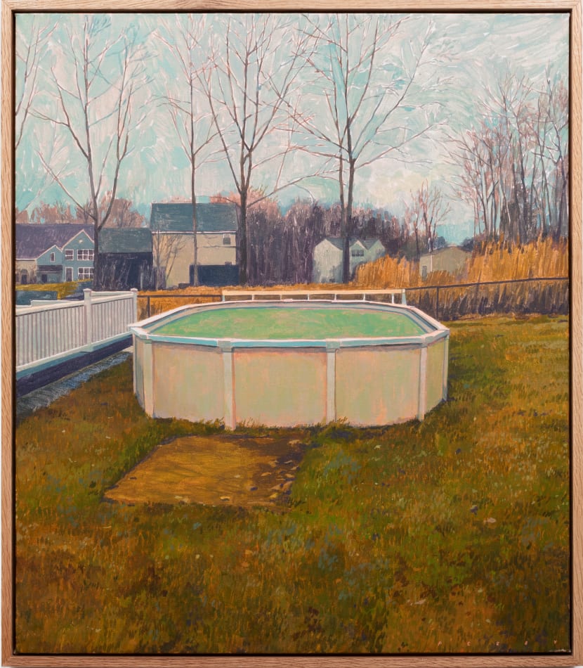 Painting of an above ground pool on grass surrounded by some low fences with bare trees in the background and a house beyond the fence