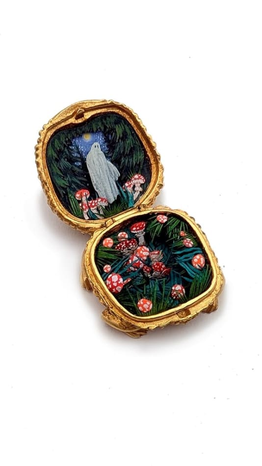 hand-cut watercolor collage in antique cosmetic compact by Shannon Taylor with a ghost