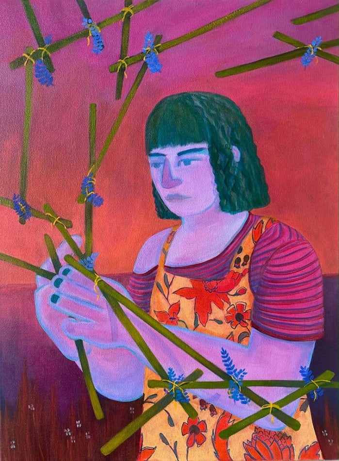 Genevieve Cohn painting of figure in floral overalls grabbing flowers