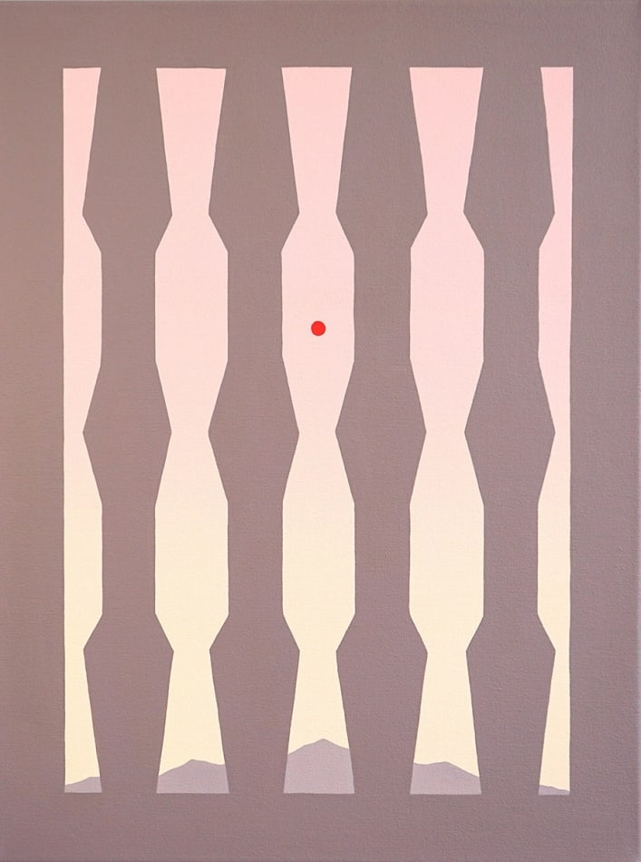 abstract painting of vertical shapes in pales yellows and pinks over a grey background