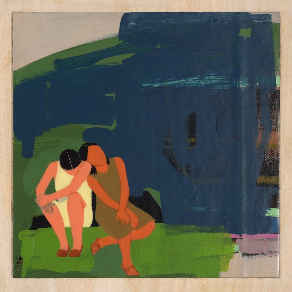 two seated woman, one leaning on the other shoulders over a dark abstract background