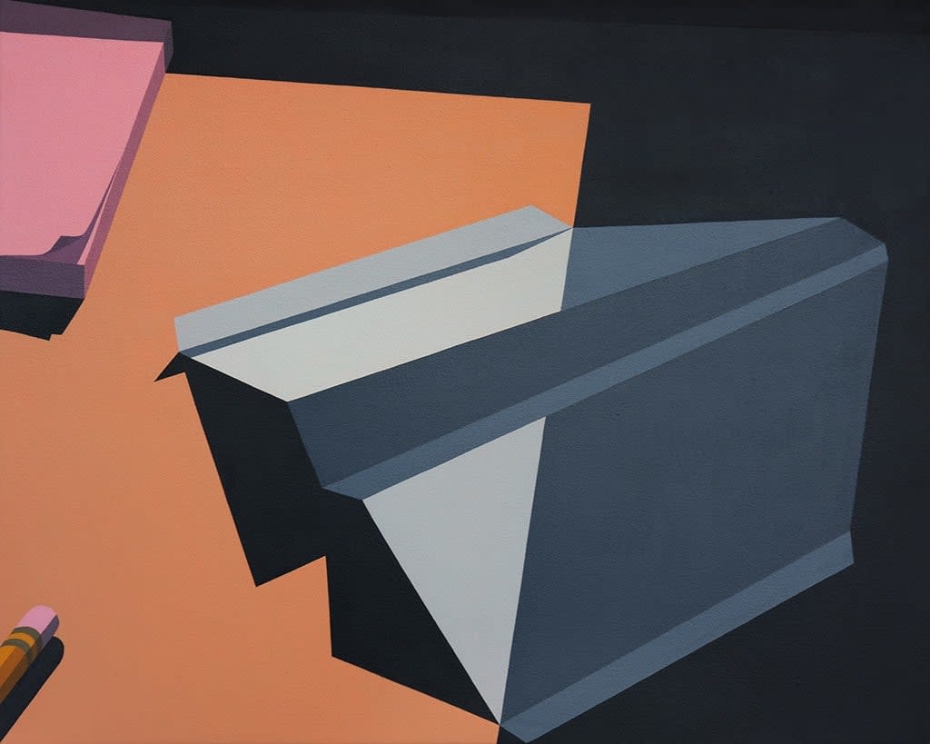 Still life painting of a folded paper plane on a desk next to a pad of pink post it note and a pencil.