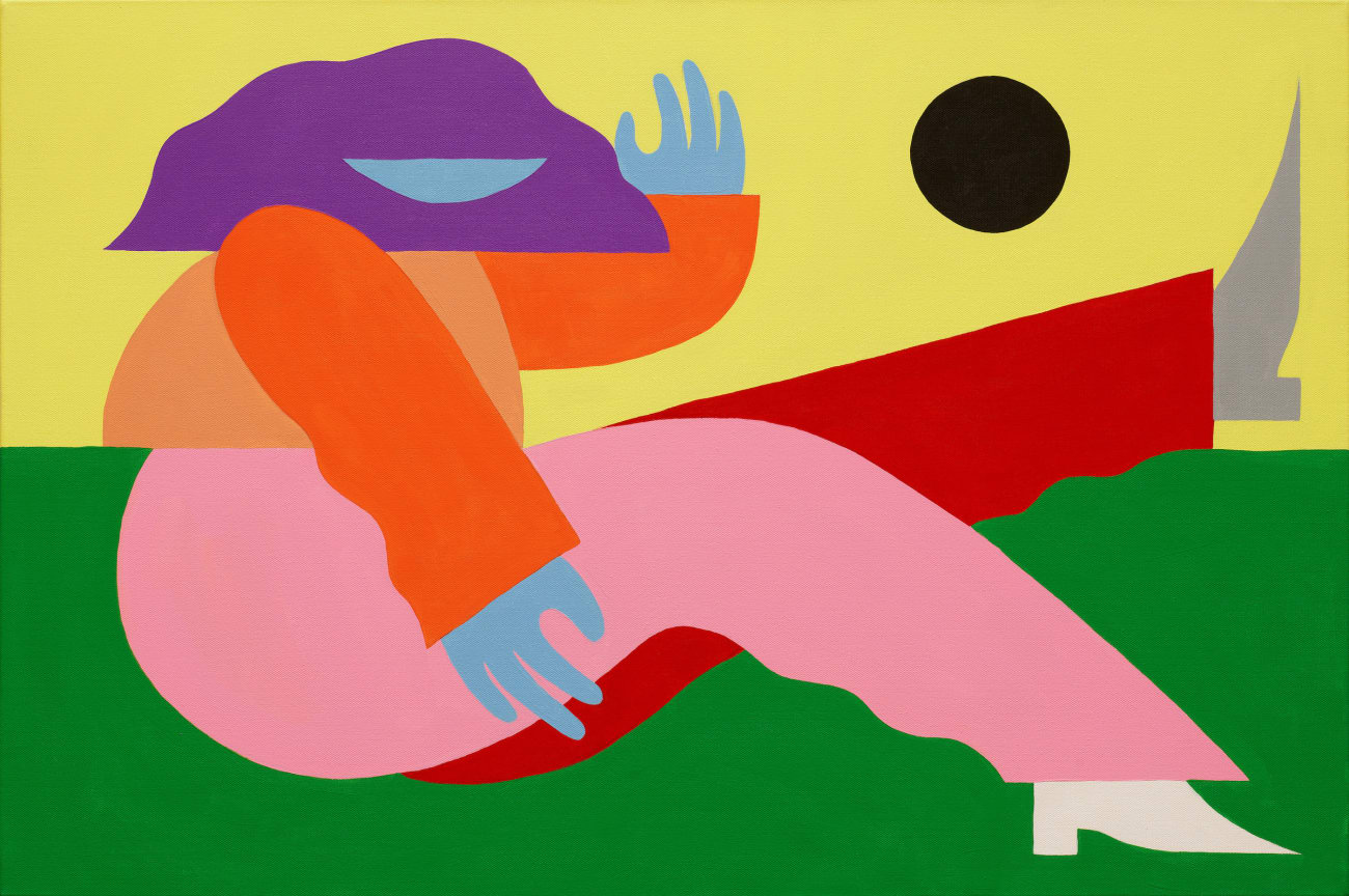 Painting of woman sitting down on the grass.