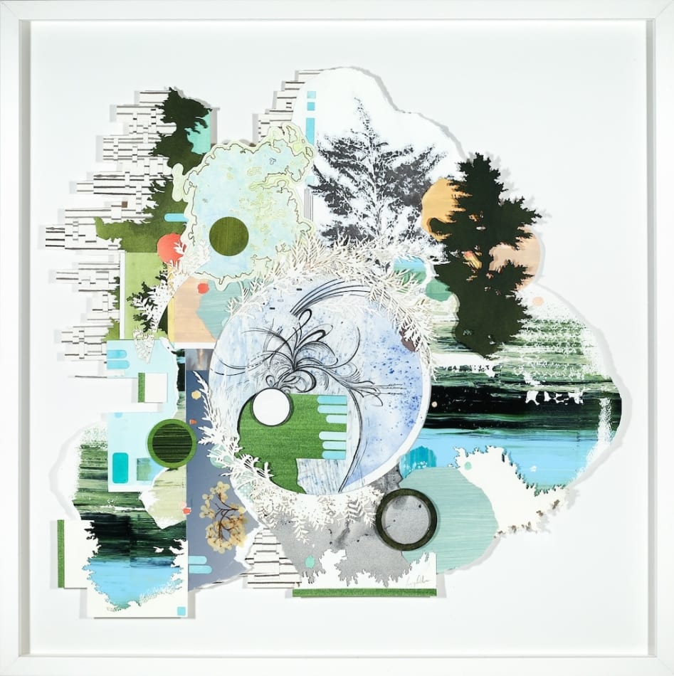 Multimedia collage of earthy elements, drawings, and paintings, in blue, green, and orange with a white frame