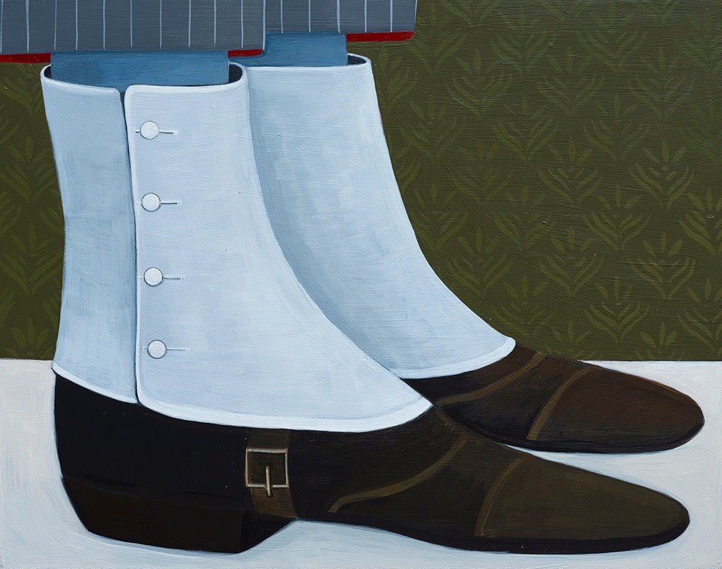 Painting of a person's shoes. They are black with a white button top. The person is wearing blue socks with them and a pinstripe blue and white pant.