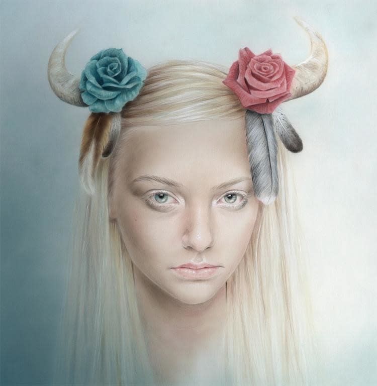 Bec Winnel portrait of woman with roses in her hair