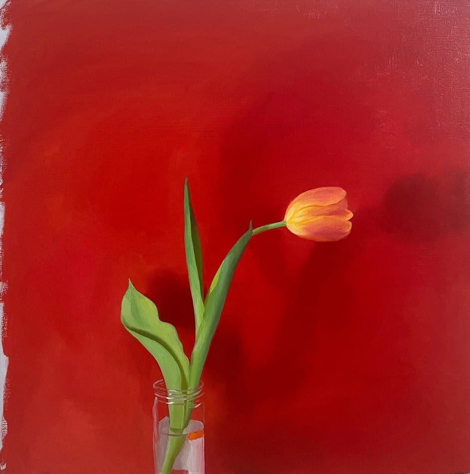 painting of a pink tulip in a glass jar over a deep red background