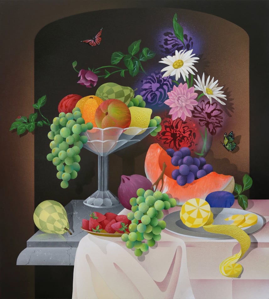Painting of a bouquet of fruit in a glass martini glass and a large bouquet of flowers and a plate with a peeled piece of fruit on it on a table with a white table cloth.