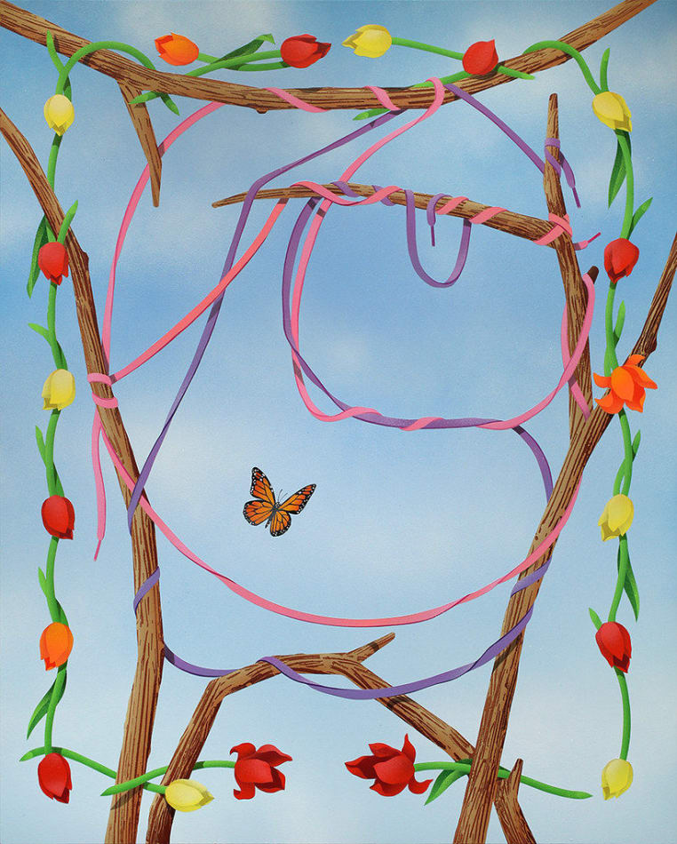 painting of a floral wreath and twigs