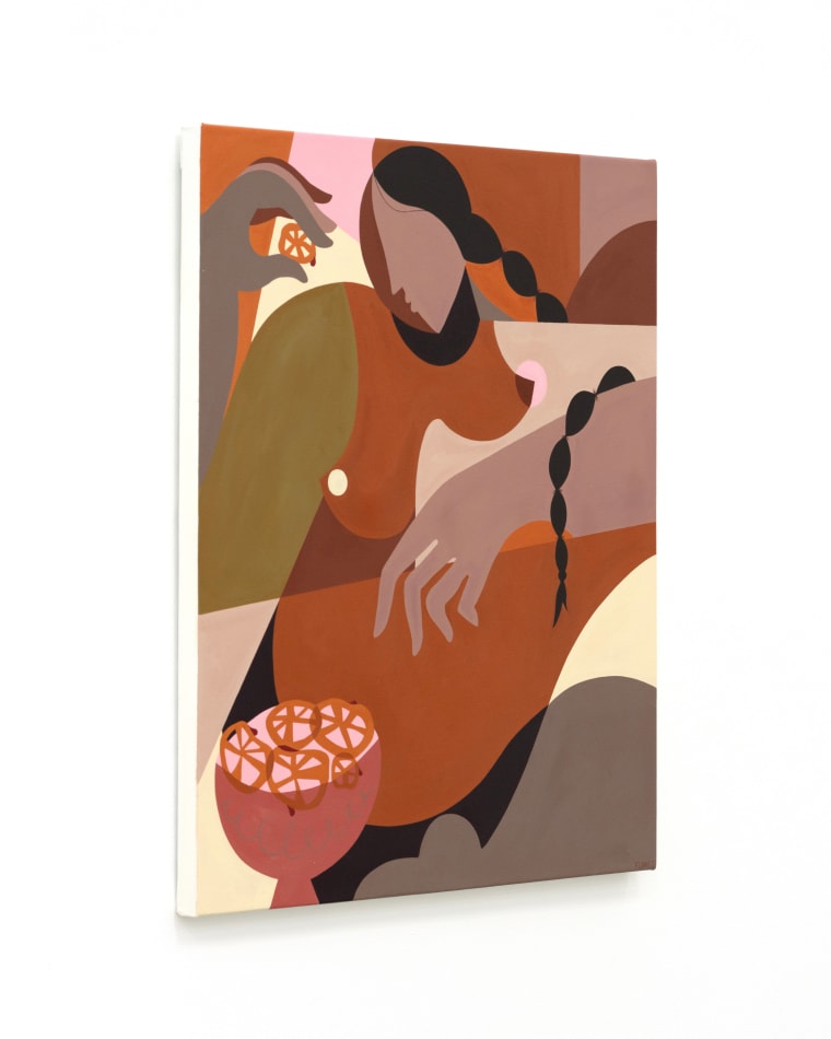 Abstract painting of a woman eating chicharrones from a bowl with a long black braid down her side and around her arm.