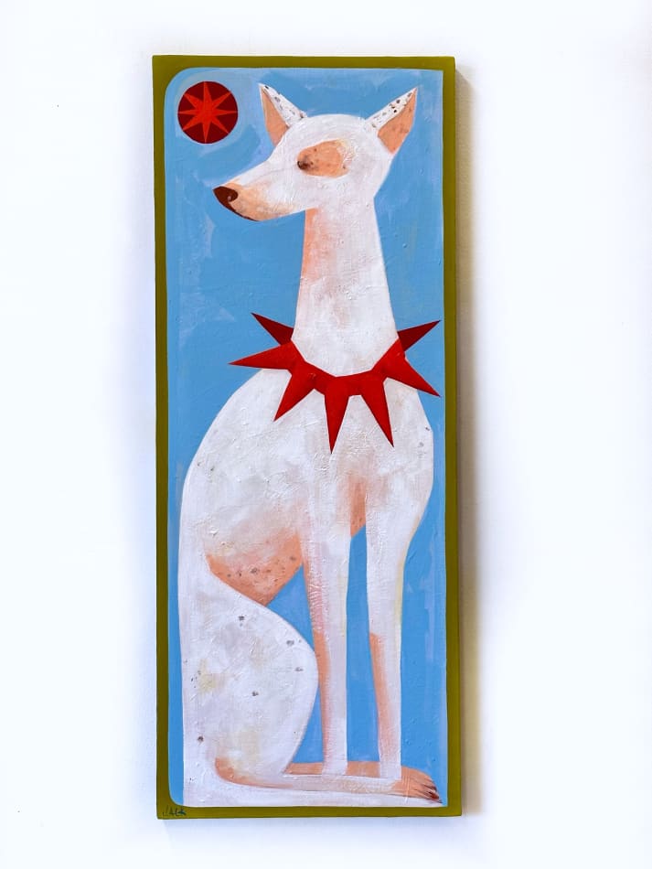 Jess Ackerman - acrylic and gouache painting, white dog with red thorny collar sitting and facing left, baby blue background with a red small circle in the left top corner, green painted frame on canvas