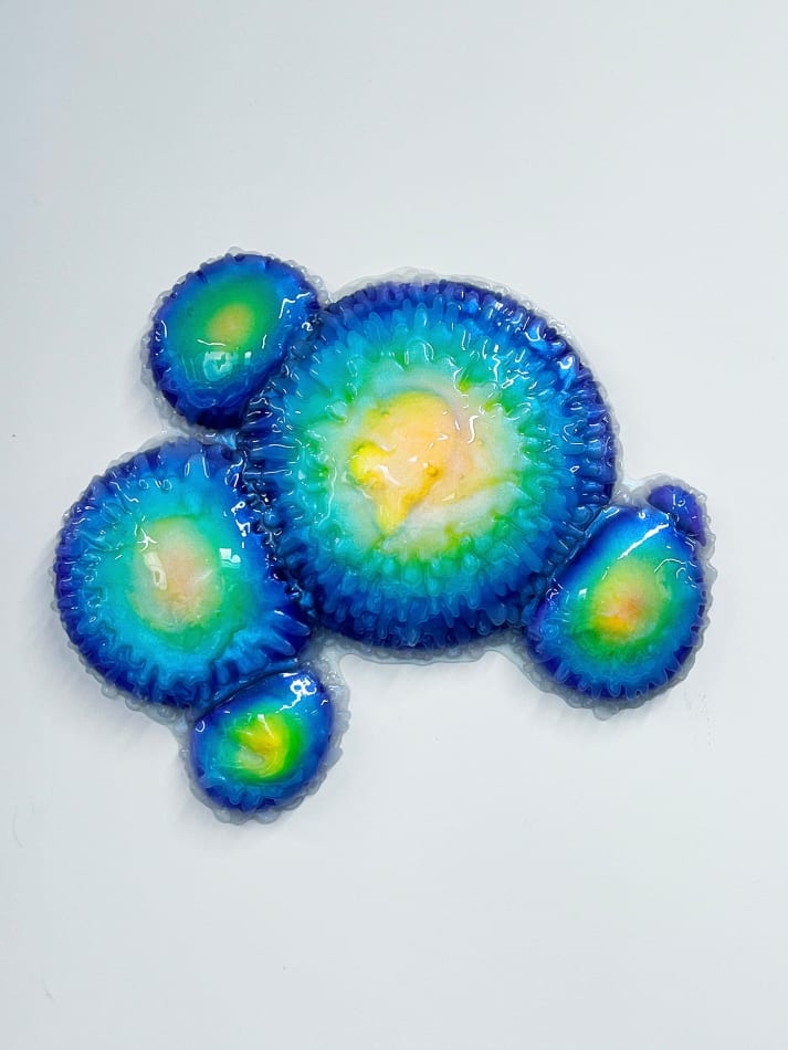 Sculpture with multiple circular objects of blue to yellow gradient by Dan Lam