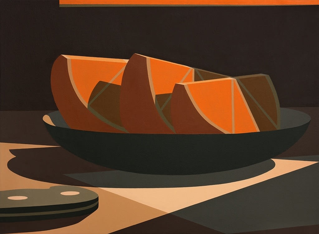 Still life painting of a sliced up orange in three halves in a shallow bowl with a knife.