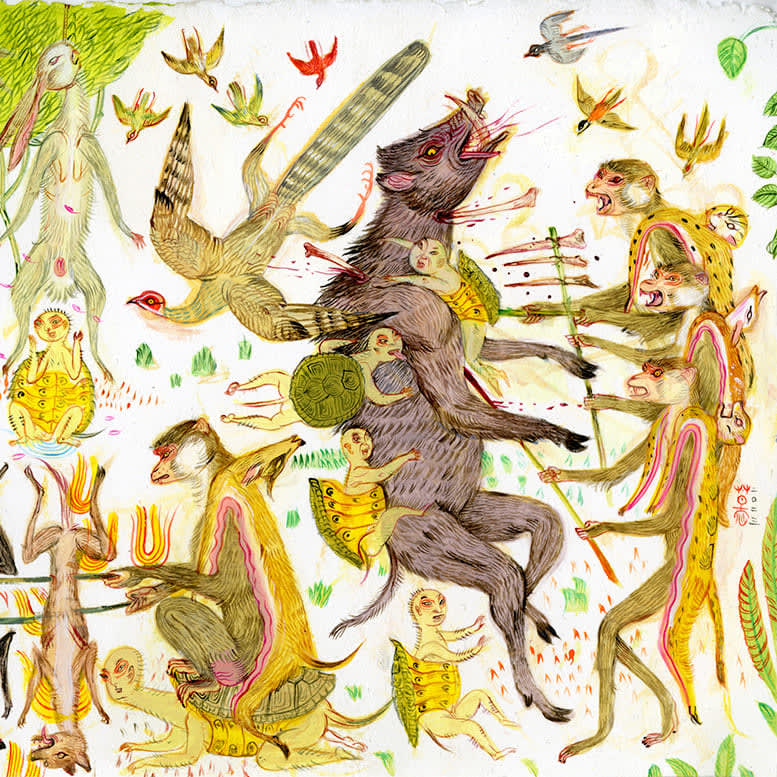 Detail shot of a painting by Mu Pan of creatures, animals and human hybrids eating, sleeping, killing, flying and climbing