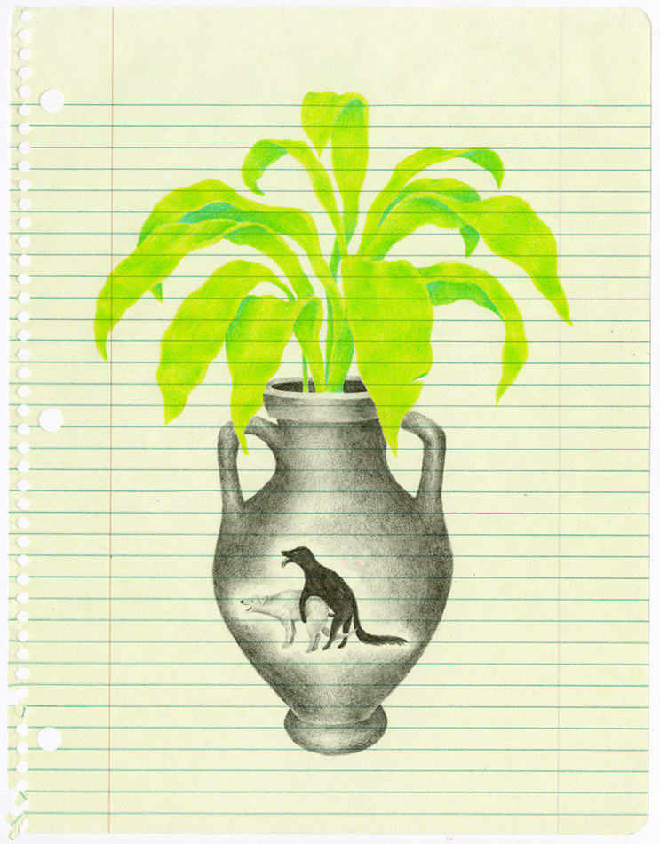 Tyler Joseph Krasowski - Drawing of a vase with large green plant inside of it. On the outside are two dogs humping each other.