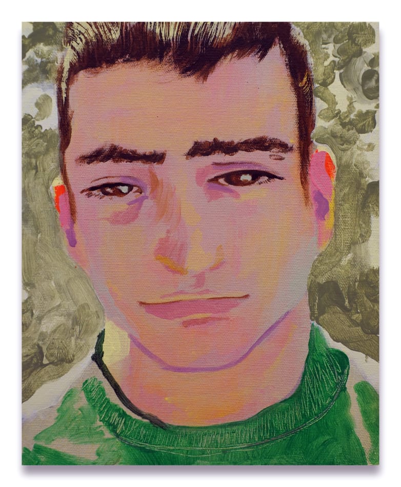 Portrait of a man with short dark brown hair, bushy eyebrows, wearing a green shirt on a dark green background.