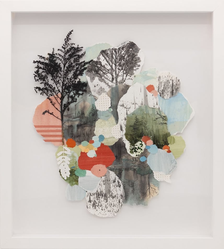 framed image of Gregory Euclide mixed media landscape with torn paper and acrylic