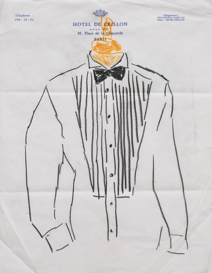 Drawing of a white tuxedo with a black bowtie on a mannequin form on hotel stationery