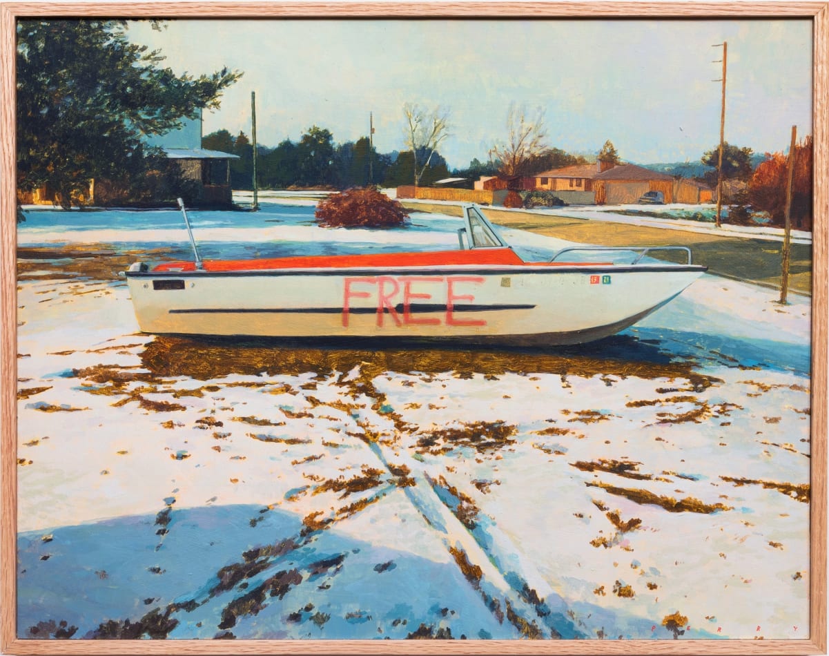 Painting of a small white and red boat with 
